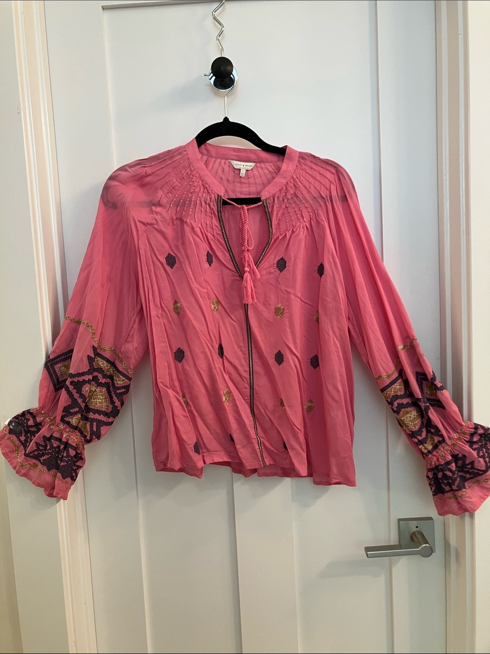 Lucky Brand Hot Pink Embroidered Boho Peasant Blouse